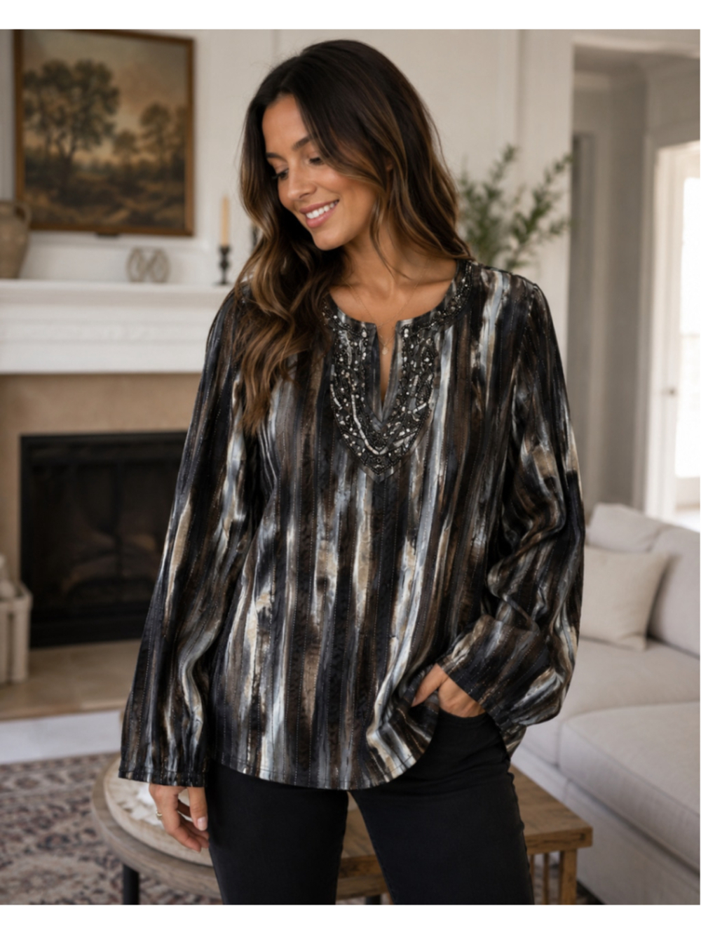 Women's Chico's Blouse Size 1 Black Silver Striped Beaded Neckline